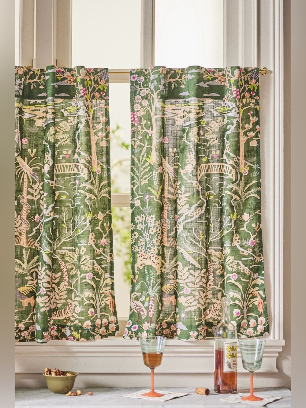 Anthropologie Organic Cotton Tales Menagerie Printed Café Curtain, Set of 2